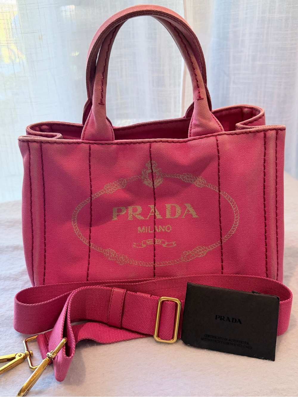 Prada Canapa Small Tote‎ Peonia Pink Canvas Crossbody Bag Gold Hardware w/ Card